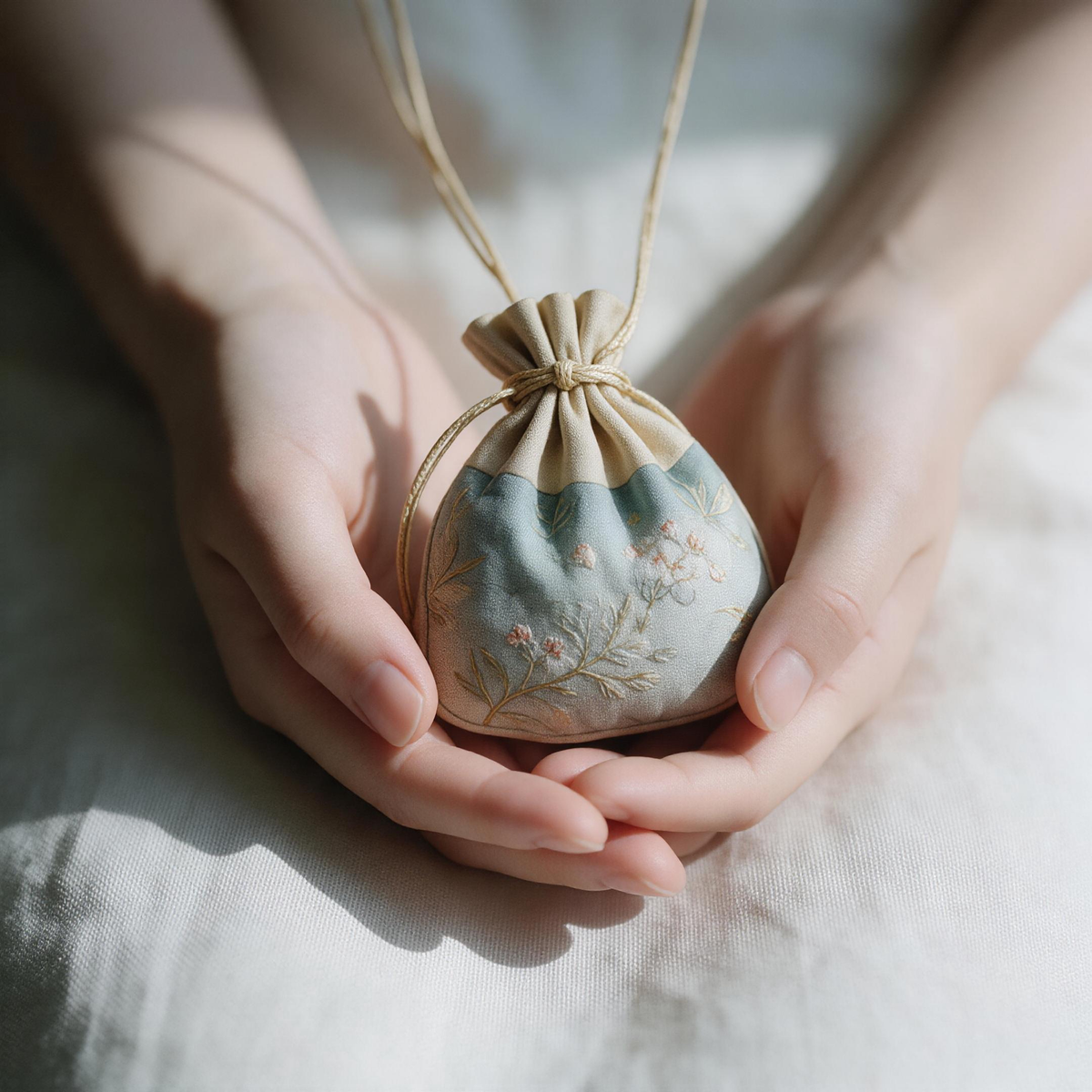 Hands holding handmade Chinese herbal sachet