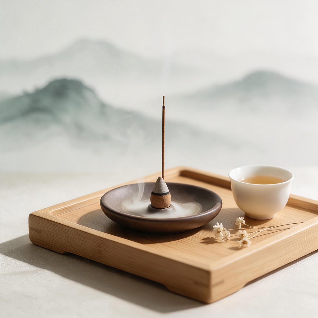Incense burner on wooden tea tray with teacup and dried flowers, zen setting