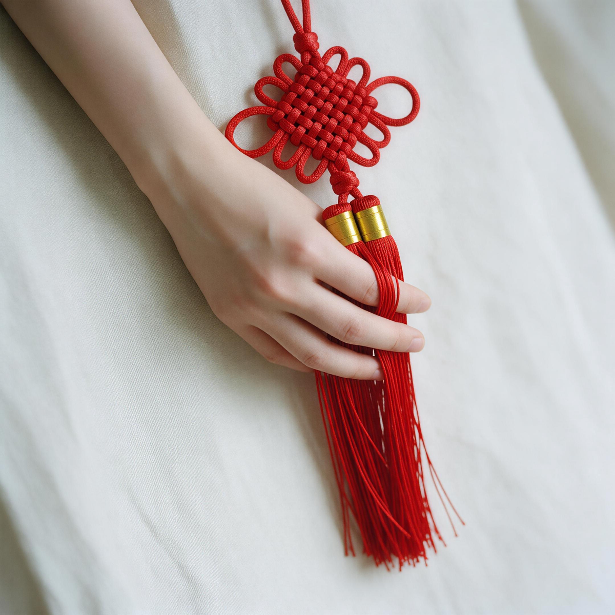 Hand holding Chinese lucky knot charm with tassel