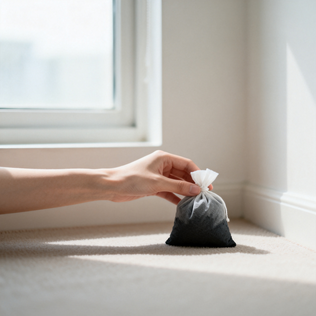 Hand placing bamboo charcoal air purifier in room corner
