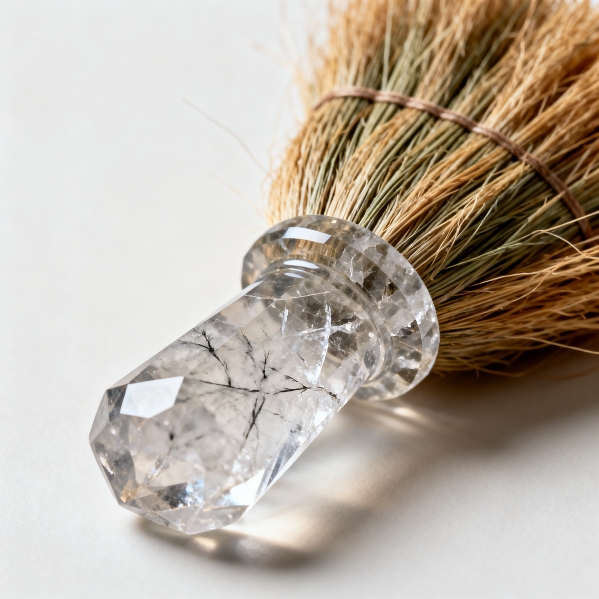 Close-up of crystal handle and natural bristle texture