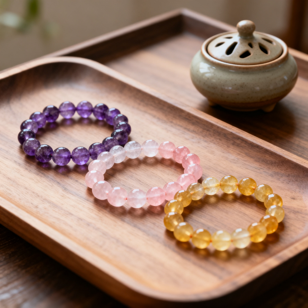 Amethyst, rose quartz, and citrine crystal bracelets on wooden tray
