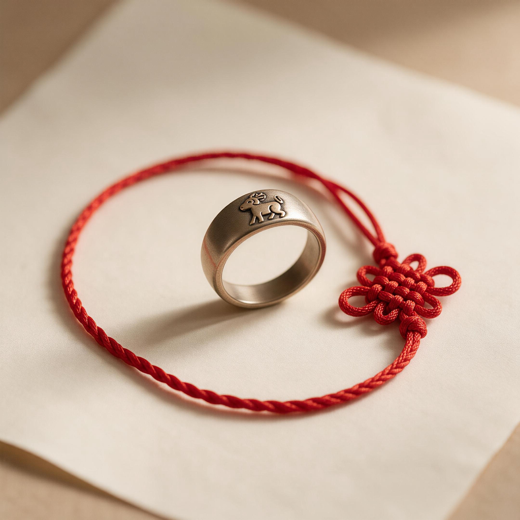 Zodiac ring with red string and Chinese knot, auspicious composition