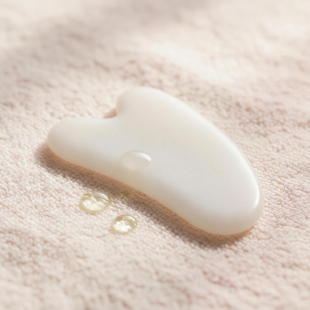 Natural jade gua sha tool on linen with essential oil