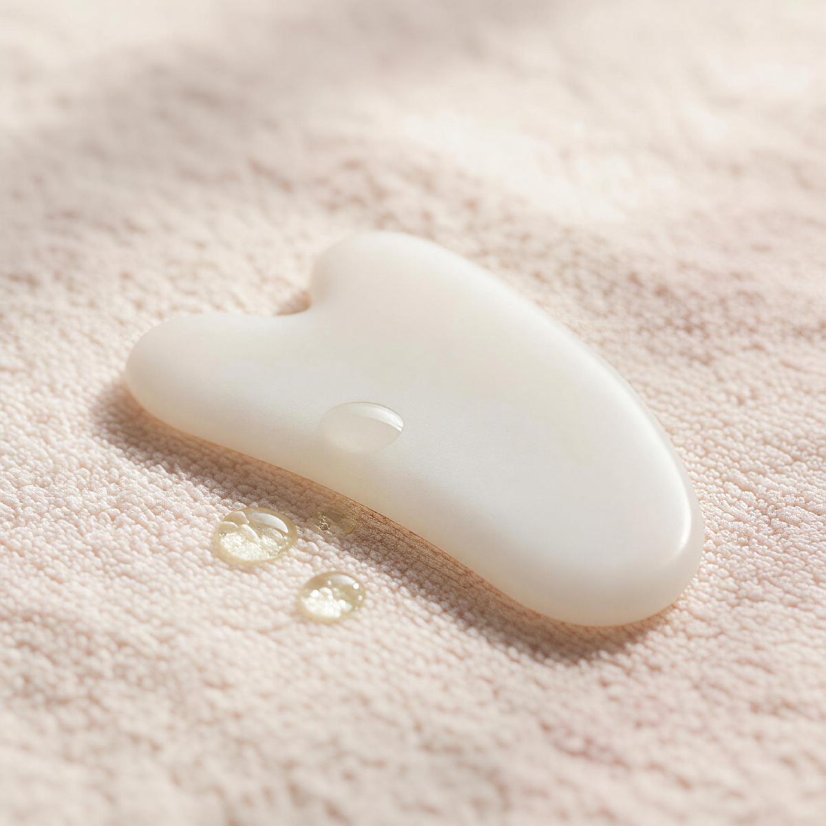 Natural jade gua sha tool on linen with essential oil