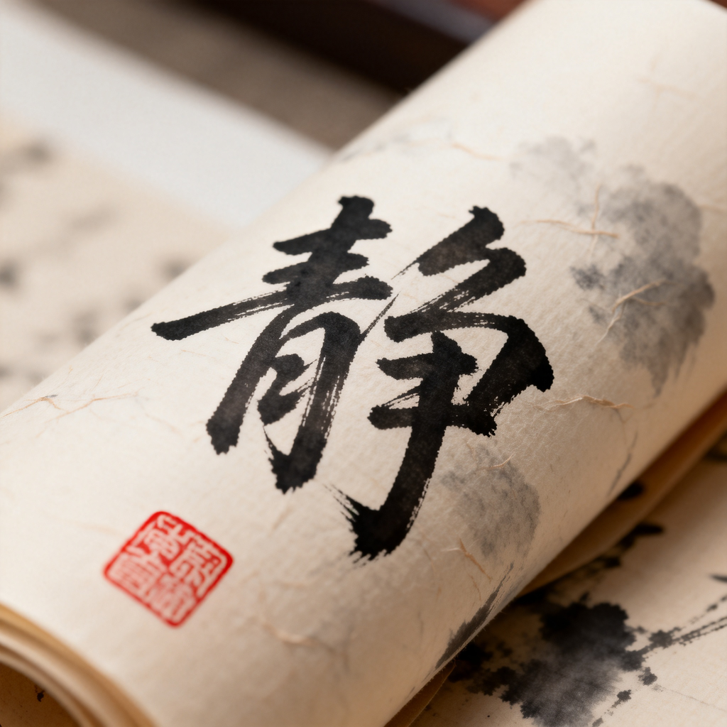 Close-up of brush calligraphy "静" with ink texture and red seal on rice paper