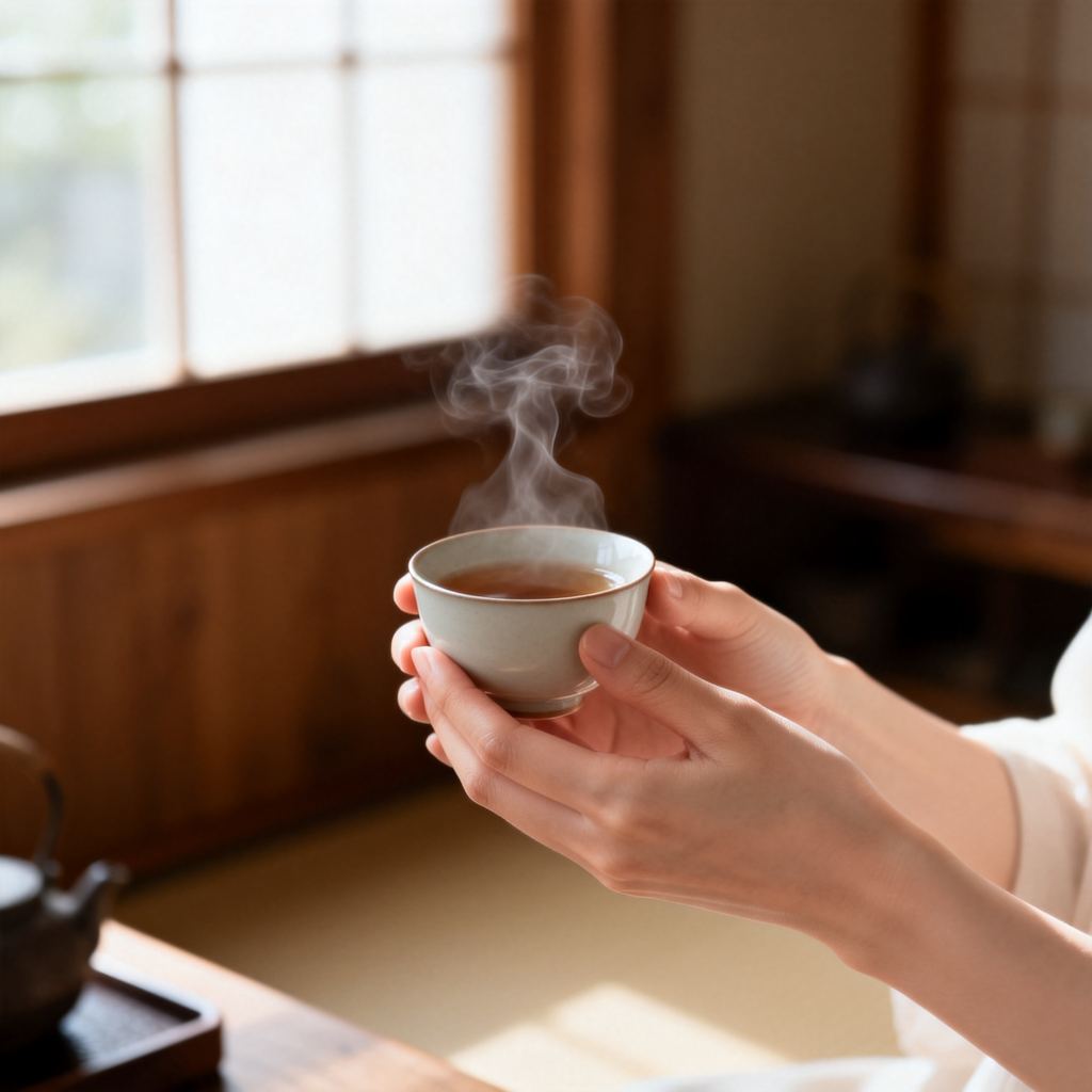 Hands holding a warm cup of Chinese herbal tea, cozy tea ritual