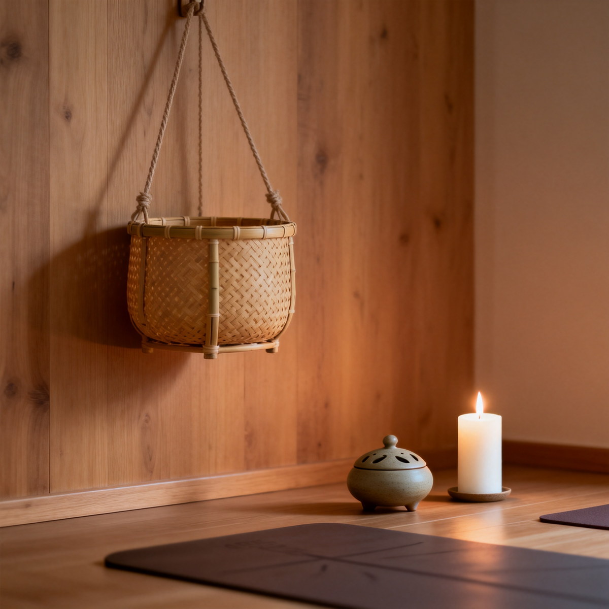 Bamboo woven wall basket hanging in yoga studio with incense