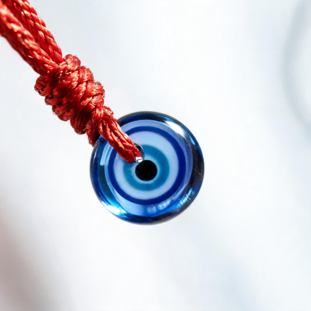Evil eye bracelet hanging on dark wooden screen with soft shadows