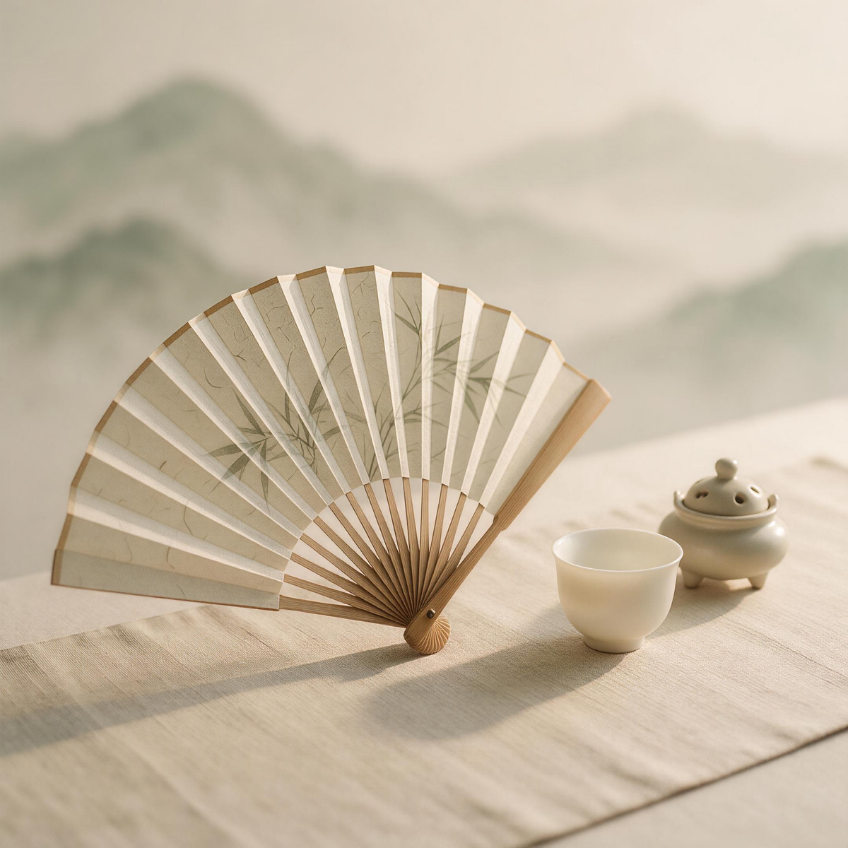 Handmade Chinese folding fan on tea table with cup and incense