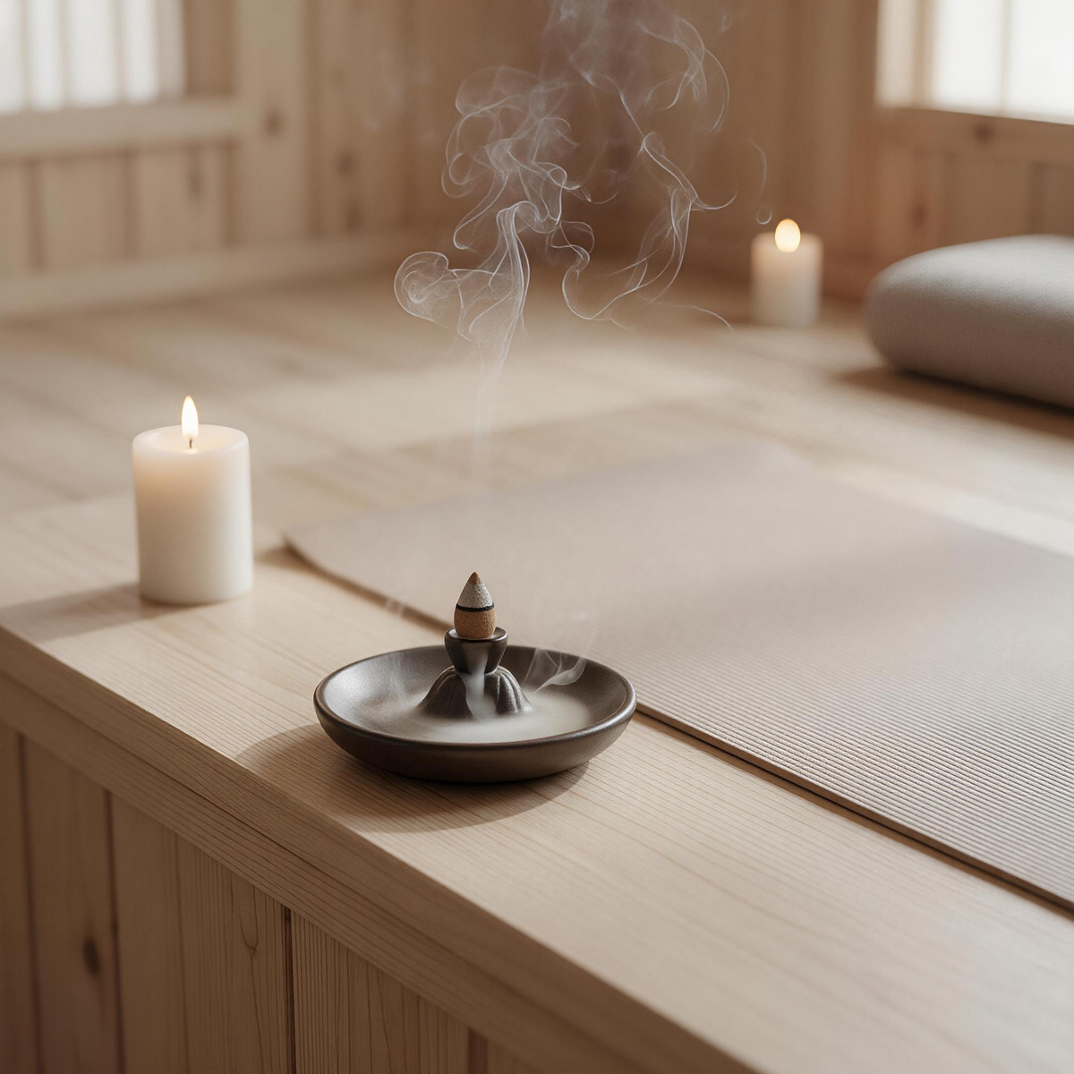 Backflow incense burner in meditation room with yoga mat and candle