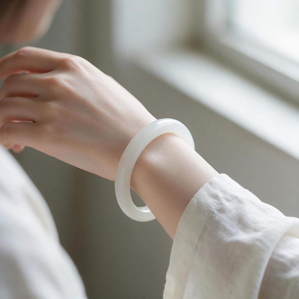 Woman's wrist wearing natural jade bangle, silk sleeve close-up