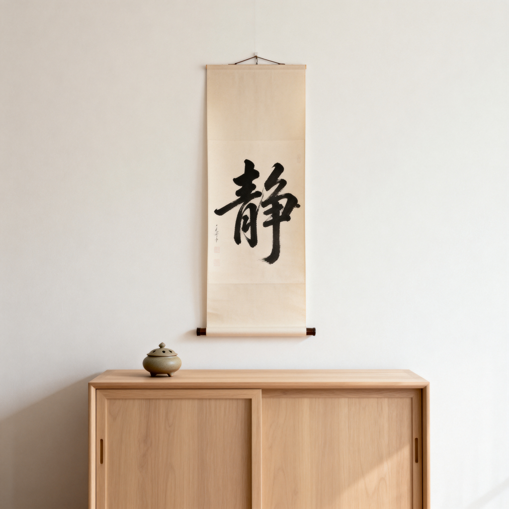 Chinese calligraphy scroll with "静" character on wall above wood cabinet and incense