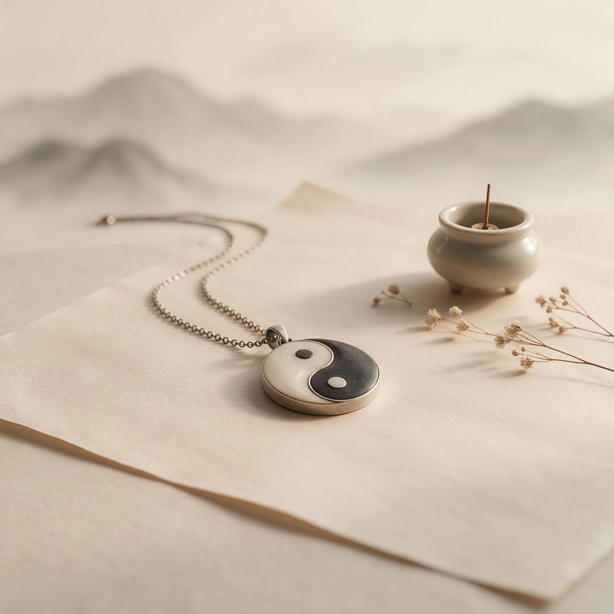 Handmade yin yang necklace on rice paper with incense burner and dried flowers