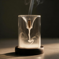 Glass backflow incense burner with smoke flowing downward, wooden base, dark background