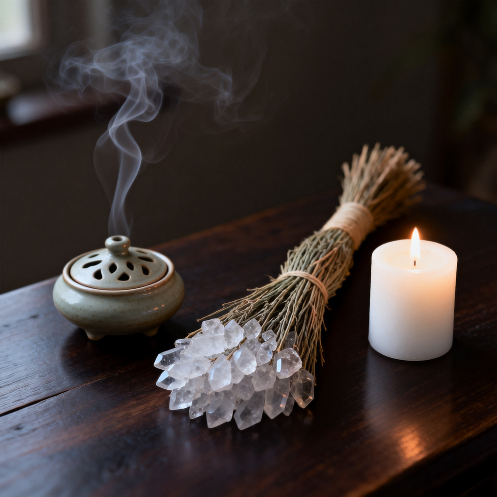 Crystal cleansing broom on dark wood table beside incense burner