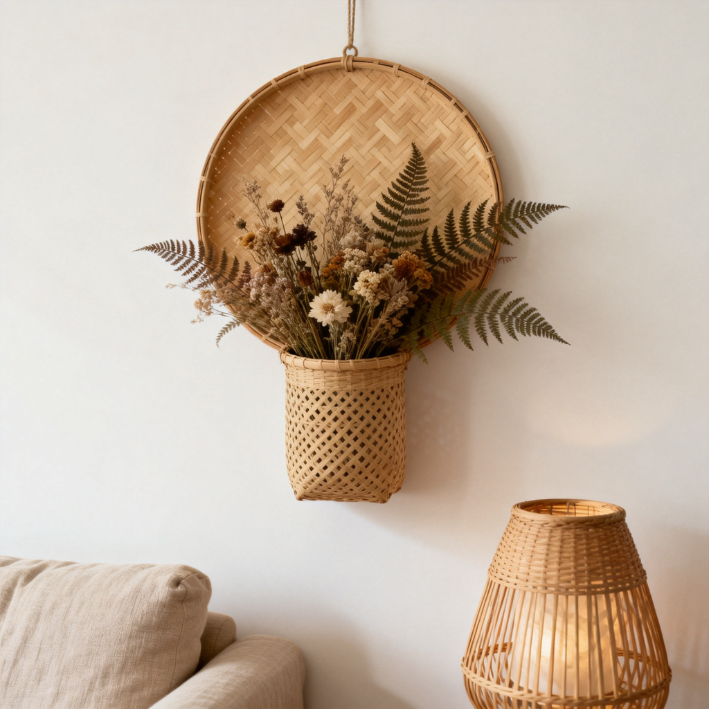 Handmade bamboo woven wall basket with dried flowers on wall