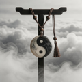 Yin yang necklace hanging on wooden stand with ink wash landscape background