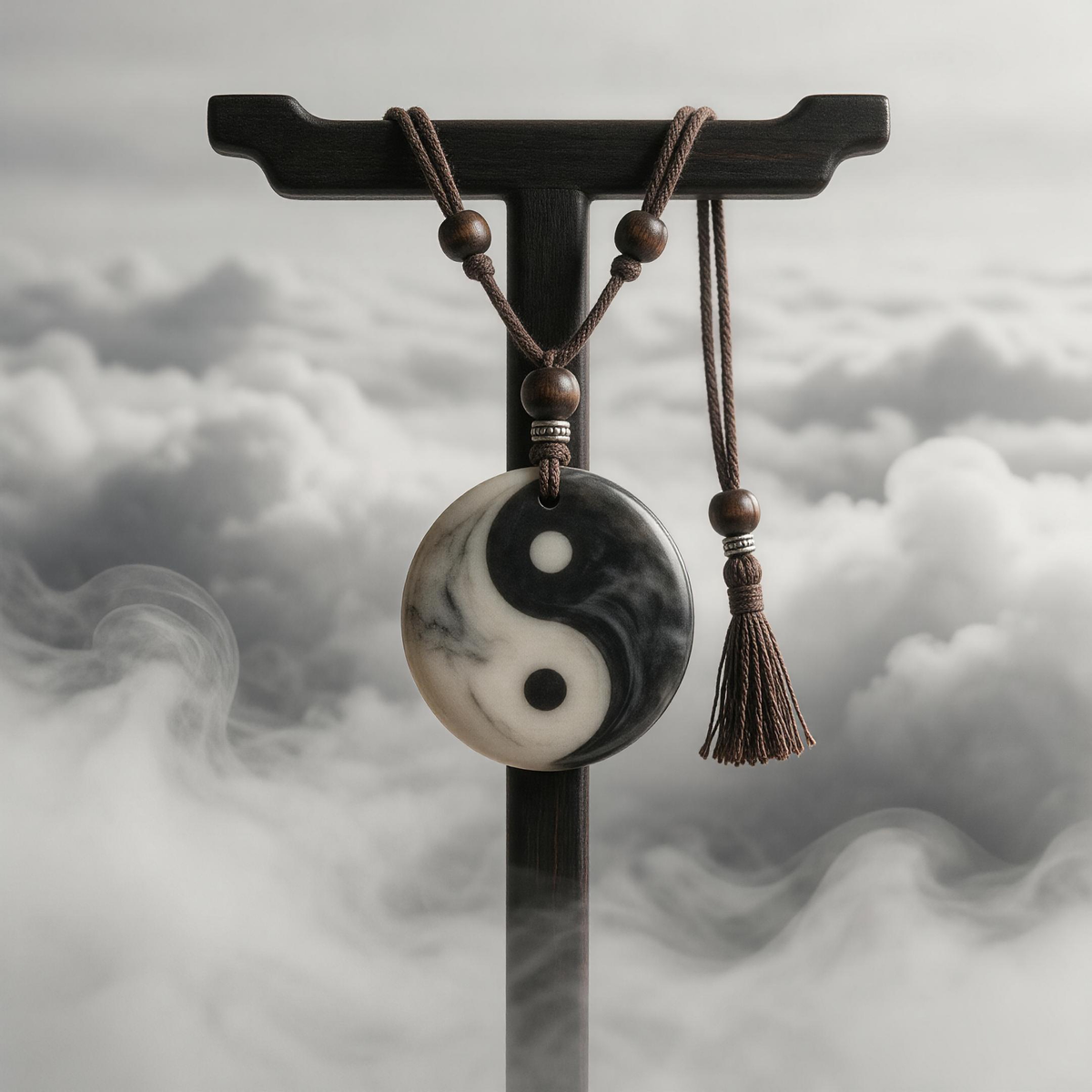Yin yang necklace hanging on wooden stand with ink wash landscape background