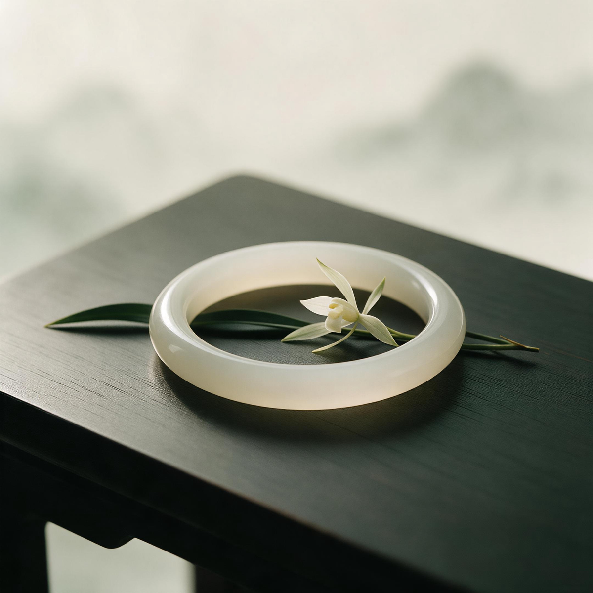 Natural white jade bangle on dark wood table with orchid