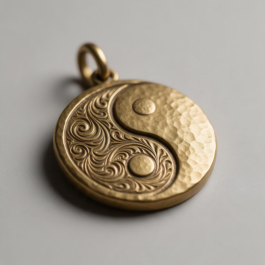 Close-up of hand-hammered yin yang pendant with silver texture