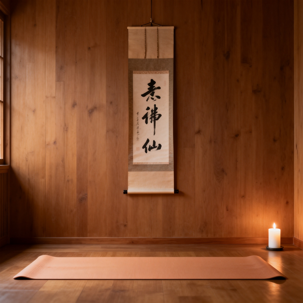 Calligraphy scroll hanging in meditation room with yoga mat and candle