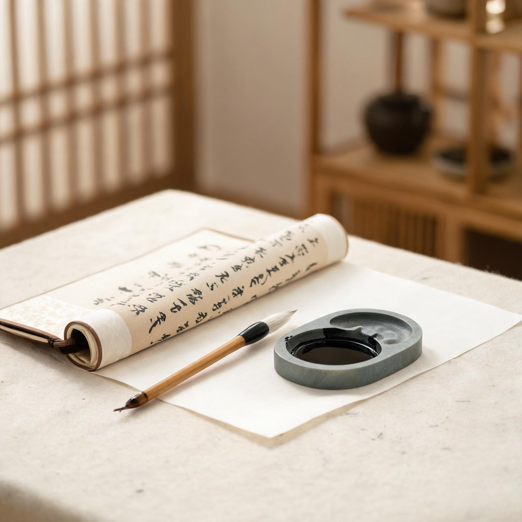 Calligraphy scroll on rice paper with brush and inkstone, tea room atmosphere