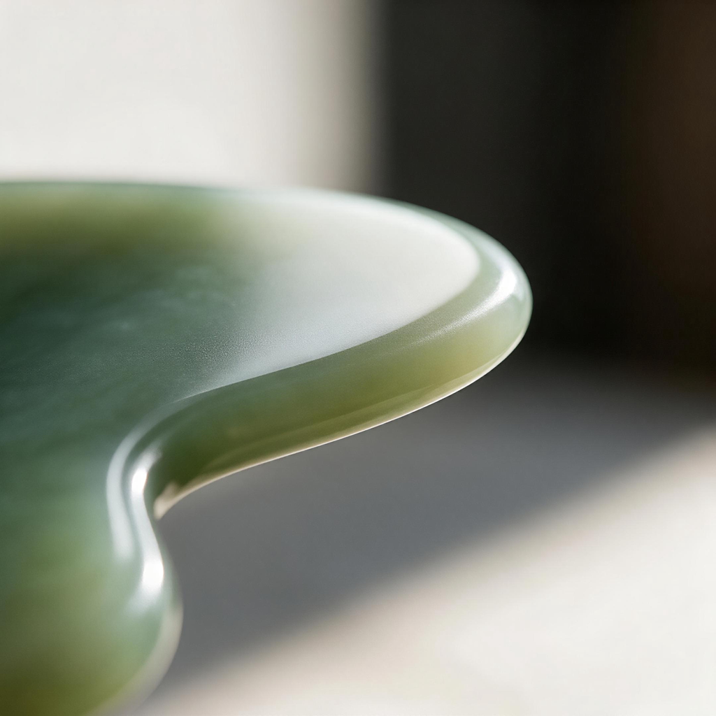 Close-up of smooth jade gua sha stone with polished edges