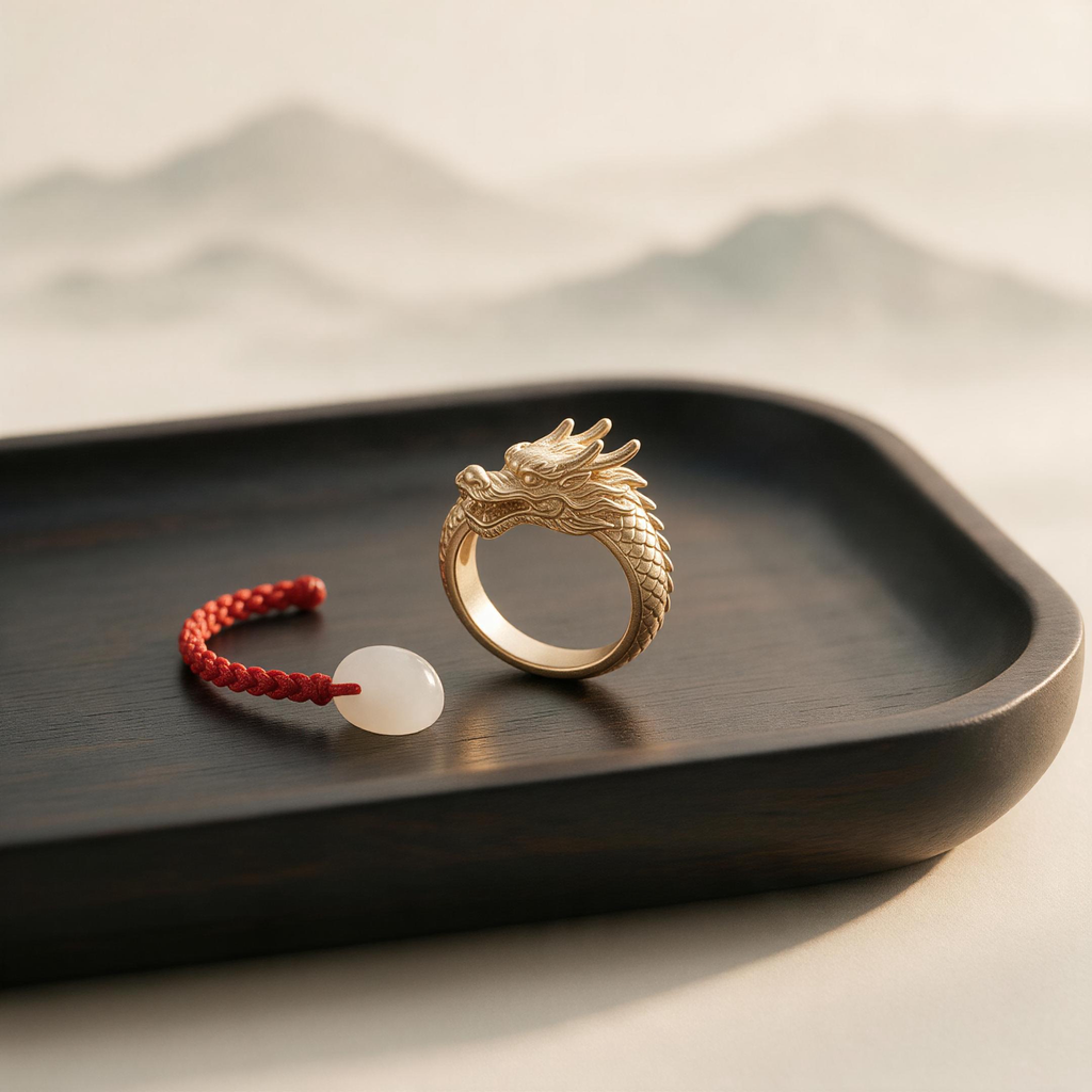 Hand-carved Chinese zodiac dragon ring on dark wood tray with red string and jade