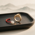 Hand-carved Chinese zodiac dragon ring on dark wood tray with red string and jade