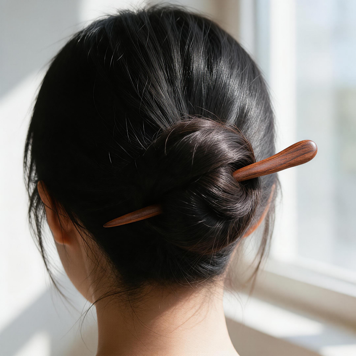 Woman's hair styled in bun with handmade wooden hair stick