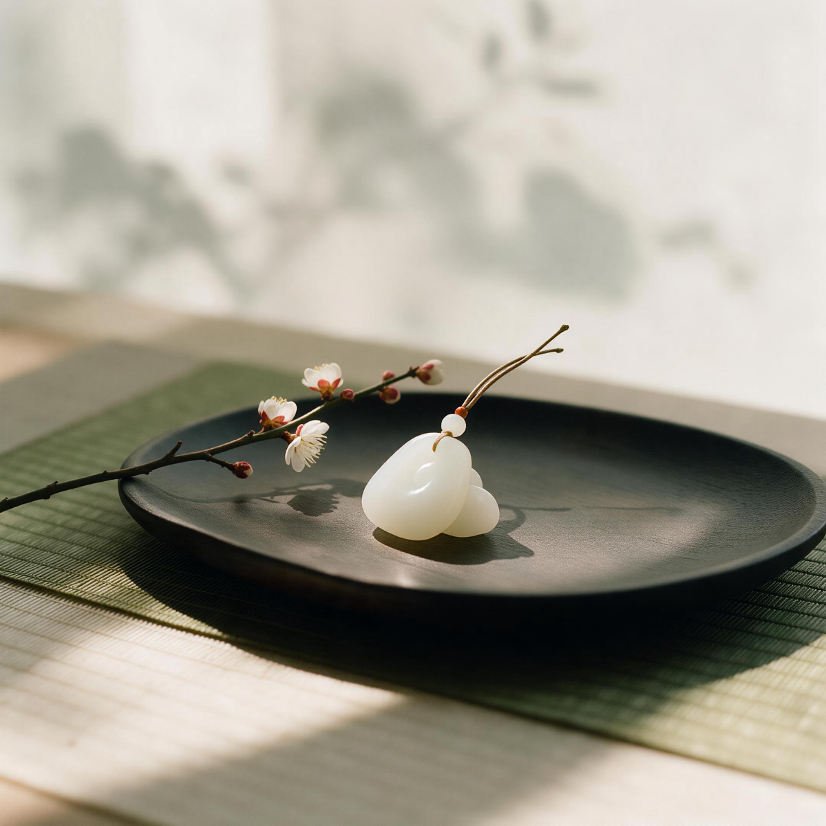 Natural white jade pendant necklace on linen cloth, Taoist jewelry
