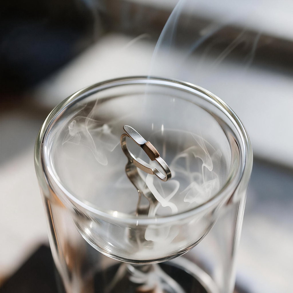Close-up of glass burner and metal clip with backflow smoke, shallow depth of field