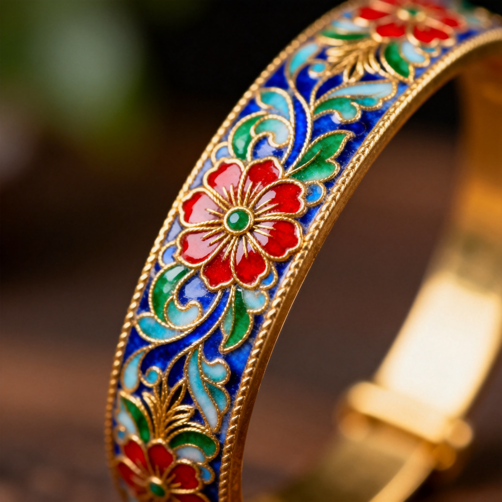 Close-up of cloisonne enamel floral patterns with gold wire and red blue green colors