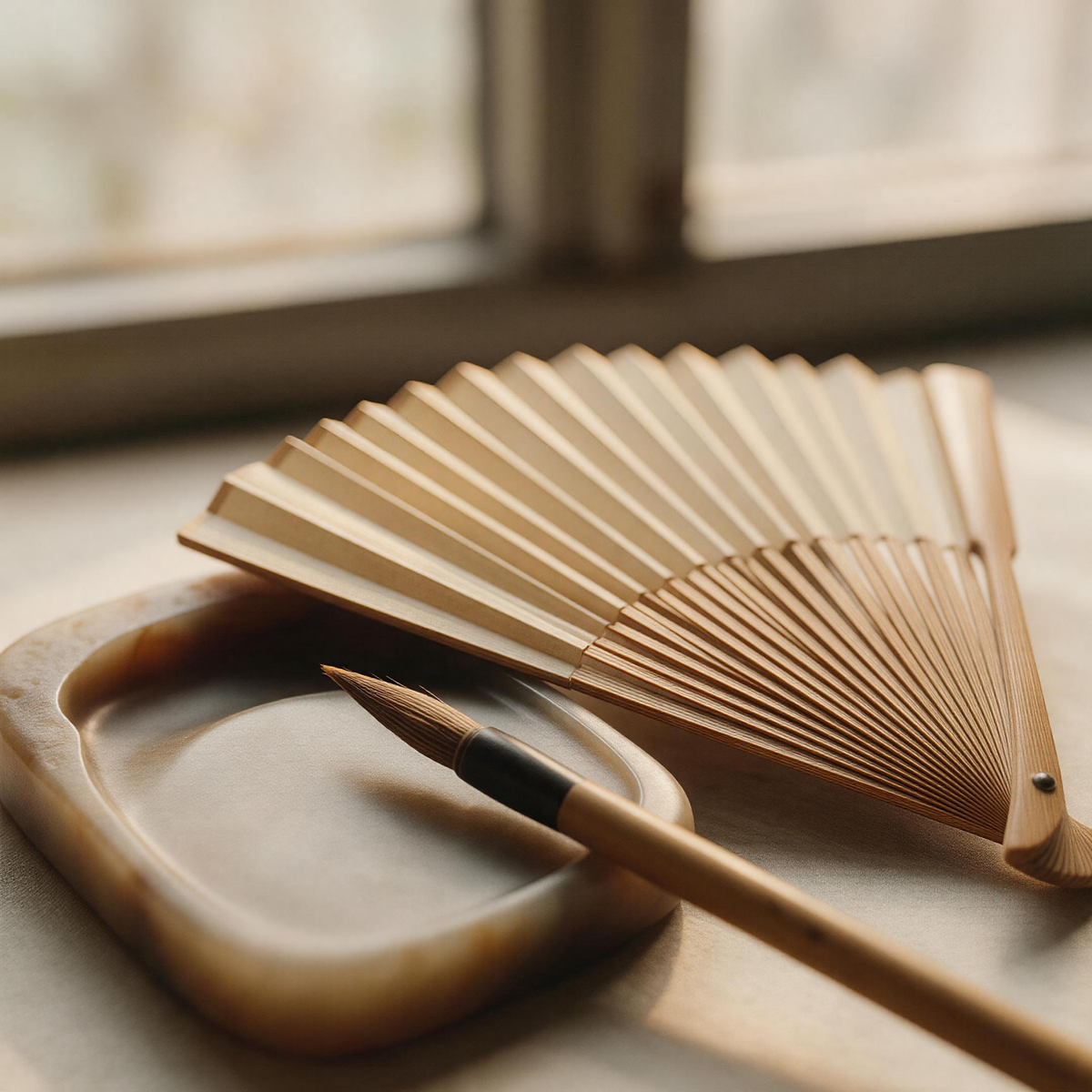 Chinese folding fan with ink brush and inkstone in scholar setting