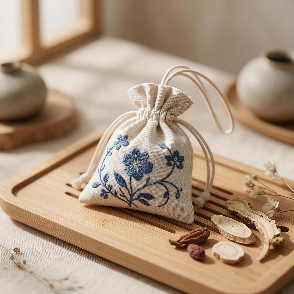Herbal sachet with tea and natural herbs on wooden table