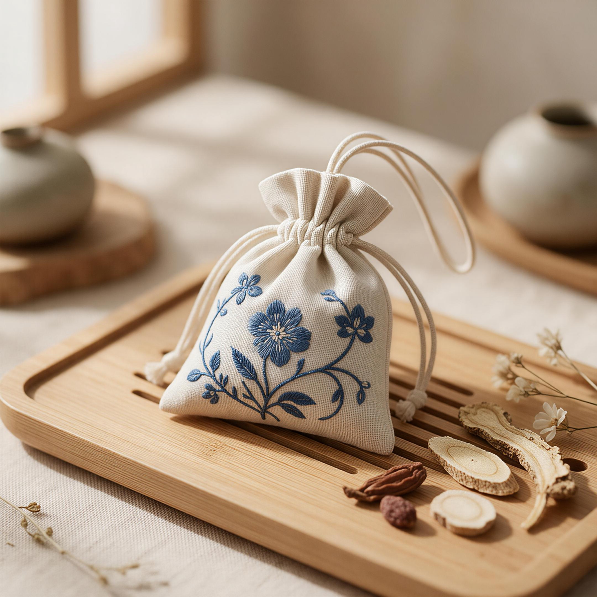 Herbal sachet with tea and natural herbs on wooden table