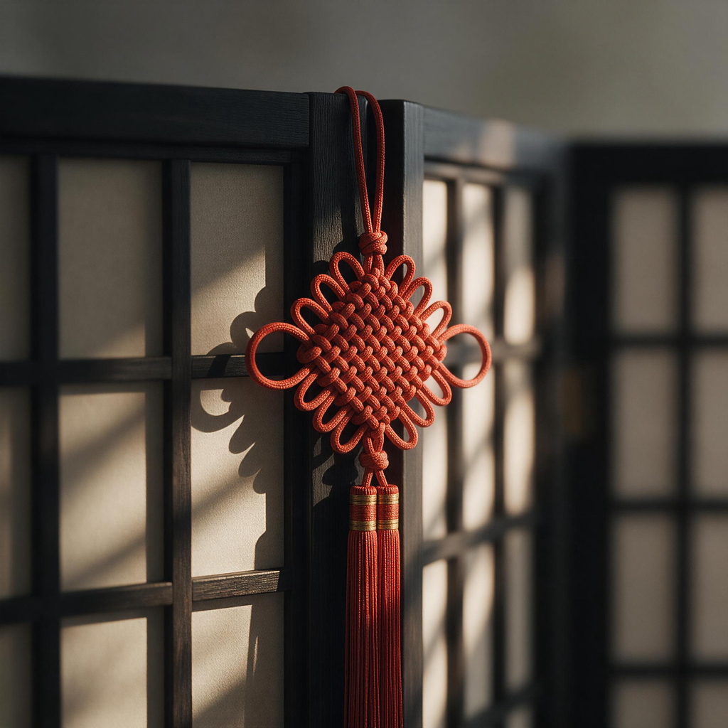 Red Chinese lucky knot hanging on dark wooden screen