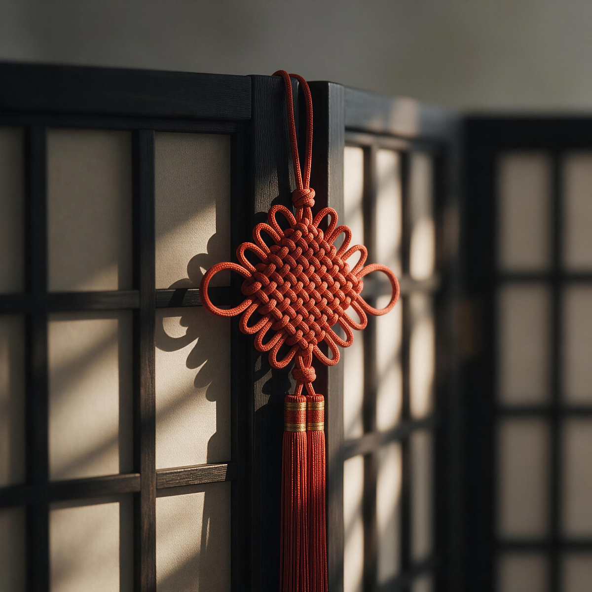 Red Chinese lucky knot hanging on dark wooden screen
