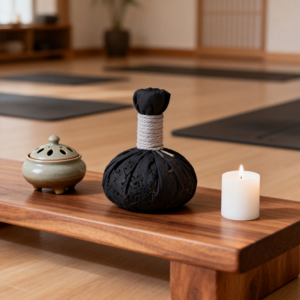 Bamboo charcoal bag in yoga studio beside incense burner