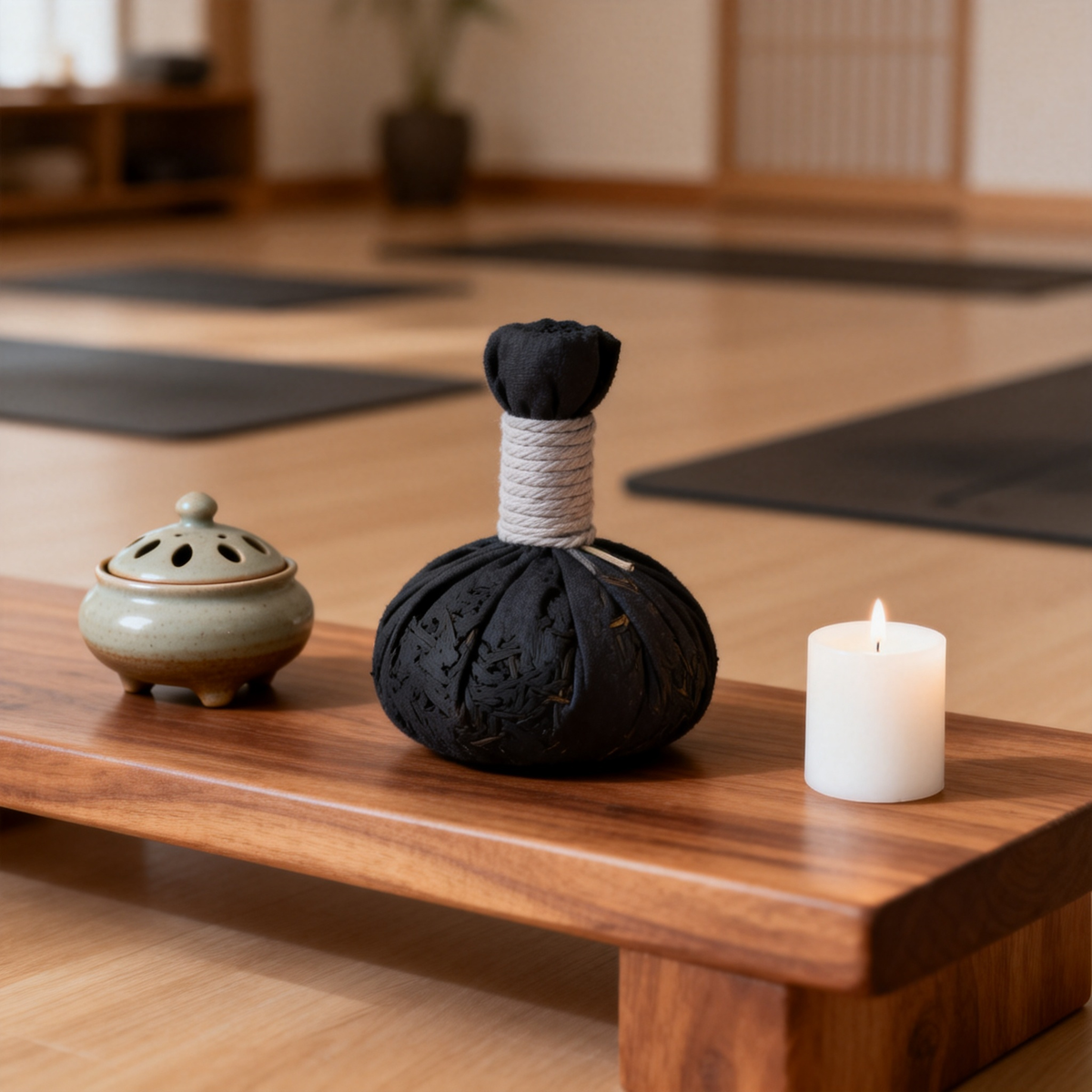Bamboo charcoal bag in yoga studio beside incense burner