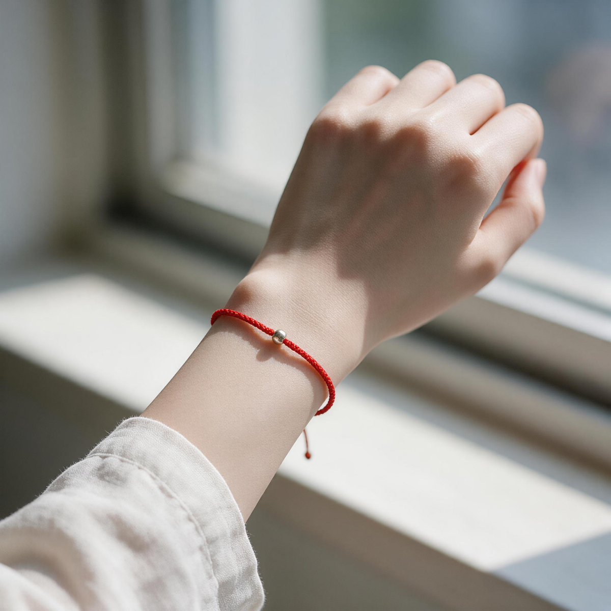 Woman's wrist wearing handmade red string bracelet, adjustable fit