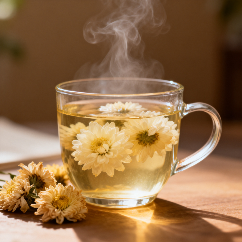 Glass teacup with blooming chrysanthemum tea and rising steam