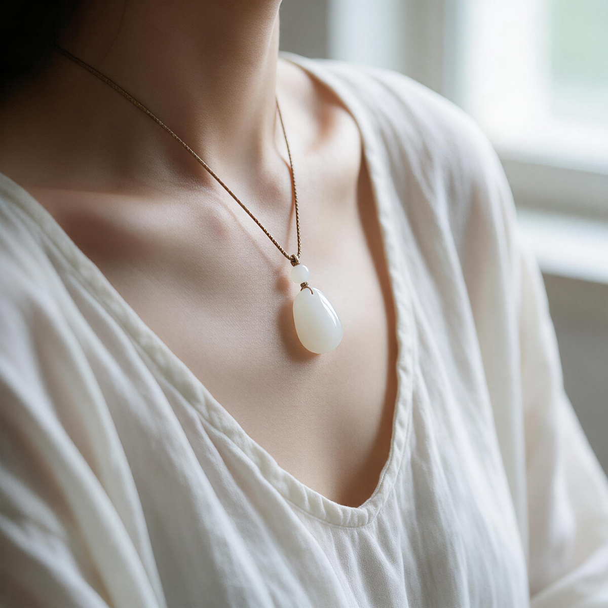 Woman wearing natural jade pendant necklace with white linen top
