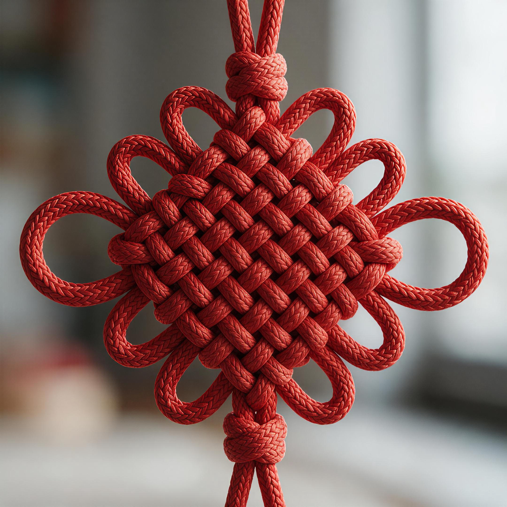 Handmade red Chinese lucky knot charm with intricate weaving and tassel