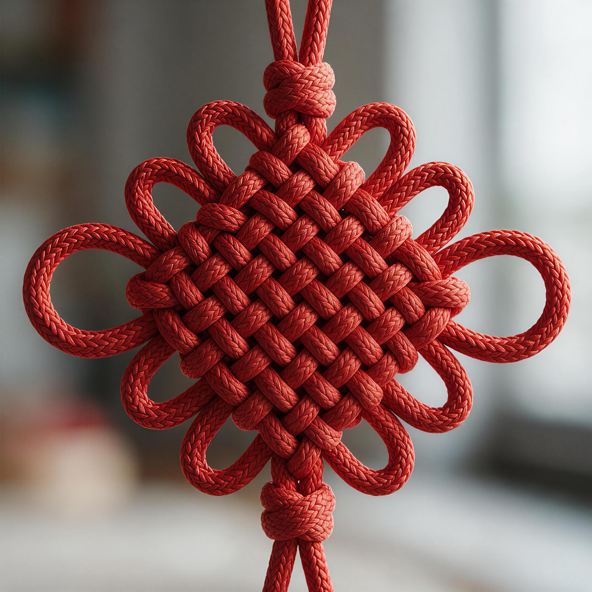Handmade red Chinese lucky knot charm with intricate weaving and tassel