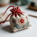 Handmade herbal sachet on wooden tray with dried herbs
