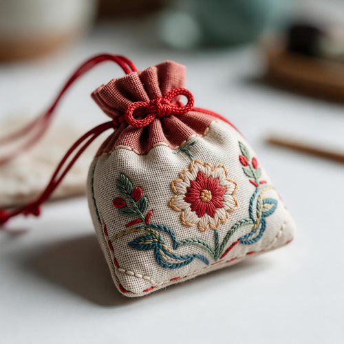 Handmade herbal sachet on wooden tray with dried herbs