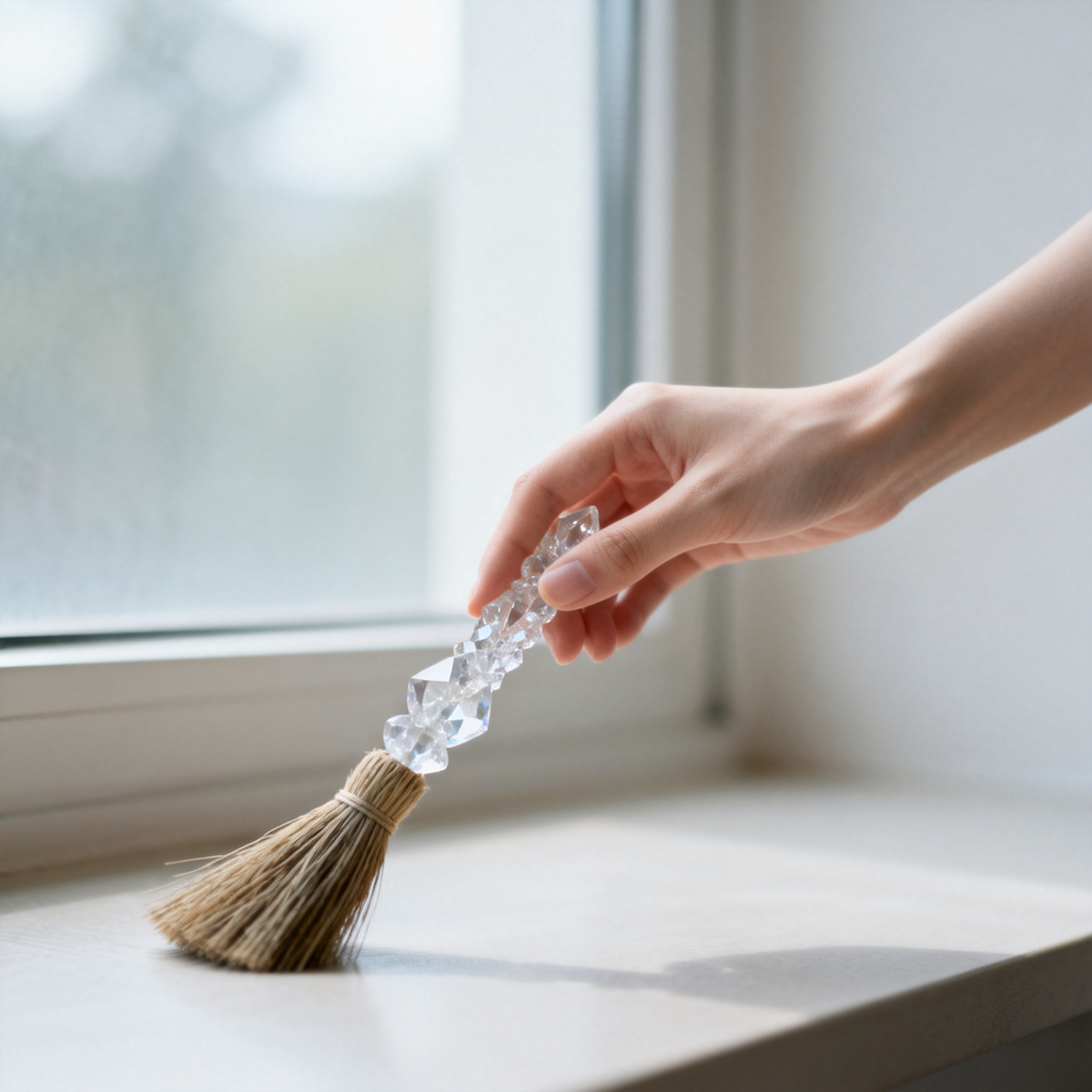 Hand holding crystal cleansing broom to clear space