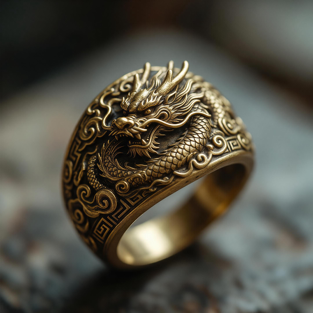 Close-up of dragon motif carved on silver zodiac ring, intricate details